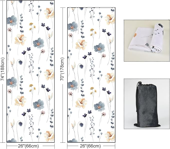QiyI Floral Yoga Mat Towel with Corner Pockets, Non Slip Sweat Absorbent Hot Yoga Towels, Soft Yoga Blankets with Travel Bag, Mat Cover for Workout, Gym, Fitness - 74"x26", Watercolor Flowers