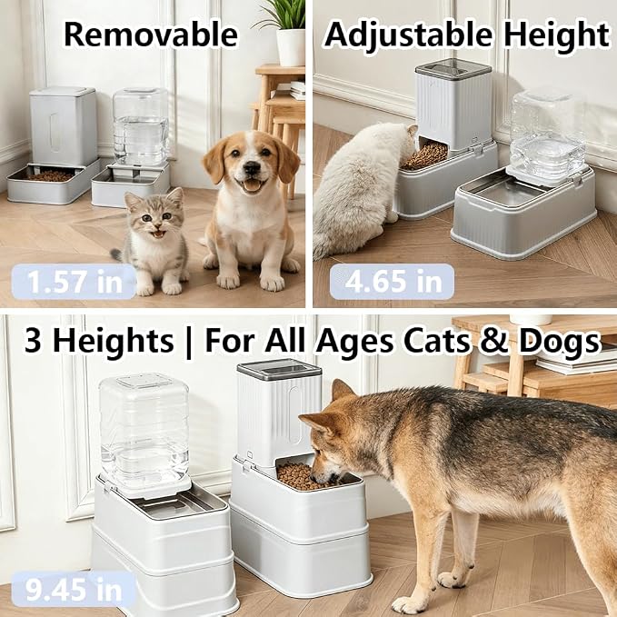 Elevated Automatic Pet Feeder & Water Dispenser, 128 Fl Oz/1 Gallon Water & 4.4lb Food Capacity, Stainless Steel Bowl, 2-Level Height Adjustable, Neck Protection for Small/Medium Dogs,Anti-Choking