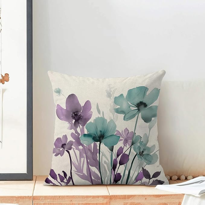Spring Floral Pillow Covers 18x18 Inches Set of 2 Purple Teal Floral Throw Pillow Cover Outdoor Summer Flower Decoration Pillowcase Farmhouse Decorative Linen Cushion Cover For Home Couch Sofa