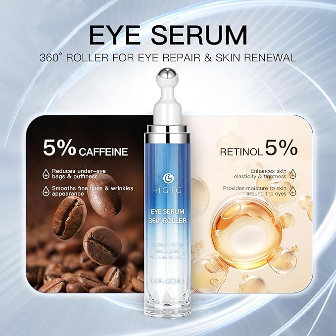 5% Caffeine Eye Serum with 360° Metal Roller, Under Eyes Cream for Dark Circles, EyeBags & Puffiness, Cooling Treatment for Women, 0.67 fl oz / 20 mL