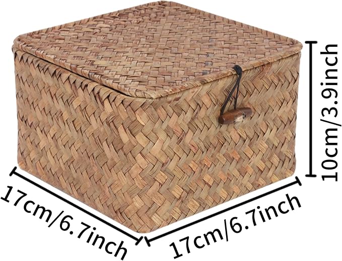 Moosky Wicker Shelf Baskets with Lid, Handwoven Seagrass Storage Basket Bins Square Gift Boxes for Shelves Home Decor Organizer (Coffee, X-Small)