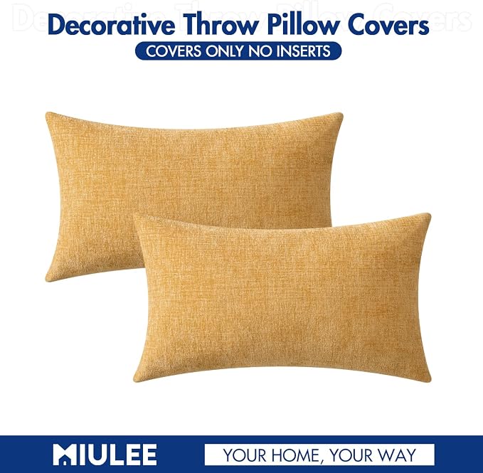 MIULEE Soft Chenille Lumbar Throw Pillow Covers Beige Yellow 12x20 Inch | Pack of 2, Modern Decor, Classic Decorative Pillows, Solid Dyed Cases, Boho Couch Cushion Covers for Sofa Bed Living Room