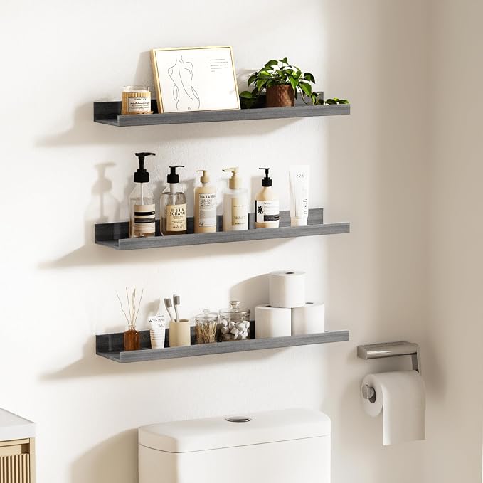 upsimples Floating Shelves for Wall Decor and Storage, Grey, 6Pcs 23.6'' | Wall Mounted Wood Shelves for Living Room, Bedroom, Bathroom, Kitchen, Office, Nursery Room, Coffee Bar Display and Organize