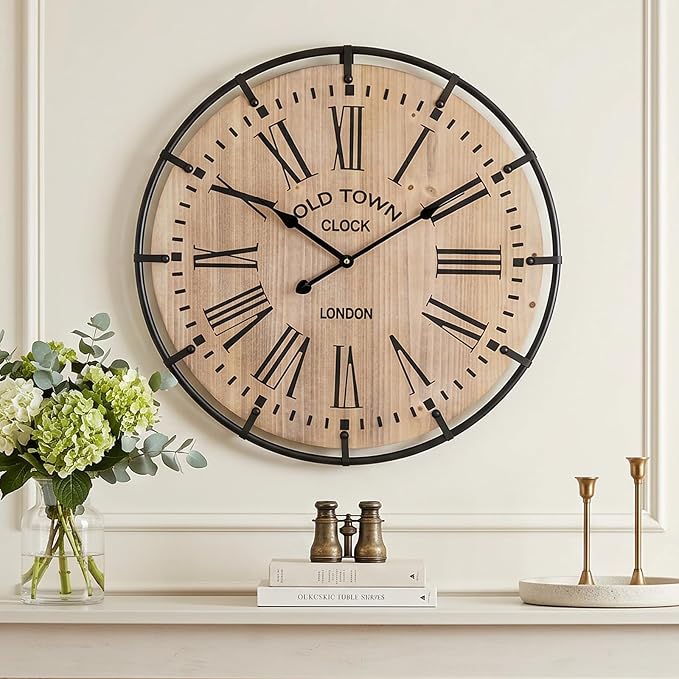 EMAX HOME 20 Inch Large Farmhouse Wall Clock, Light Wood Grain Face with Black Metal Frame, Silent Non-Ticking Quartz Movement, Easy-to-Read Roman Numerals, for Living Room, Bedroom, Kitchen.