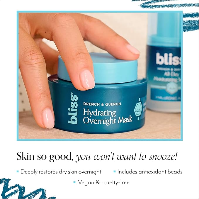 Bliss Drench & Quench Hydrating Overnight Collagen Mask with Hyaluronic Acid - Elasticity & Hydration Face Treatment for Glowing Skin