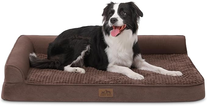 COZY KISS Orthopedic Dog Bed for Extra Large Dogs, L Shaped XL 42x30 inch | Non-Slip Bottom Soft Pet Sofa with Washable Removable Waterproof Cover, Egg-Crate Foam Couch with Portable Handle, Brown