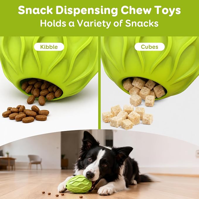 Interactive Treat Dispensing Dog Toy, Natural Rubber Chew Toy for Aggressive Chewers, Stuffable Treat Toy for Large & Medium Dogs, Mental Stimulation for Dogs, Boredom Relief, Green