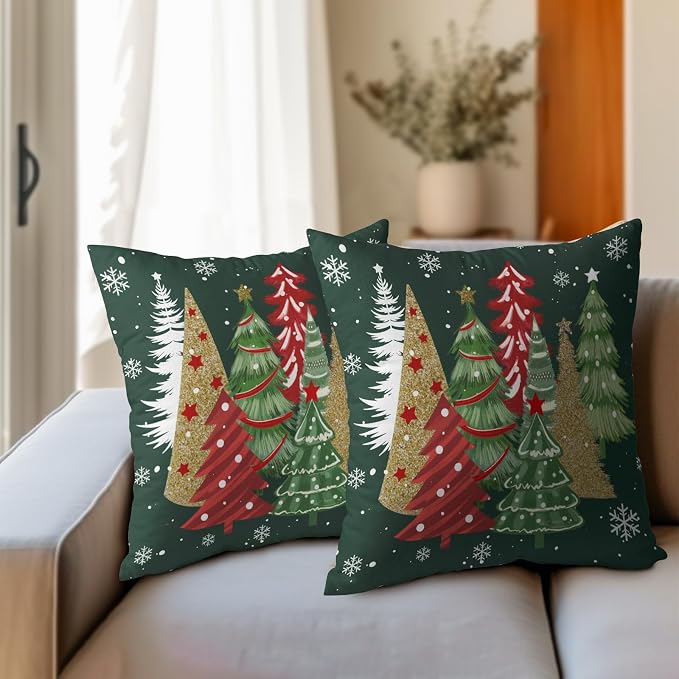 Kawani Christmas Tree Throw Pillow Covers 16x16 Inch Set of 2 Red Gold Green Pine Trees Decorative Pillows Pillowcase Square Cotton Linen Cushion Case for Bed Living Room Outdoor Car