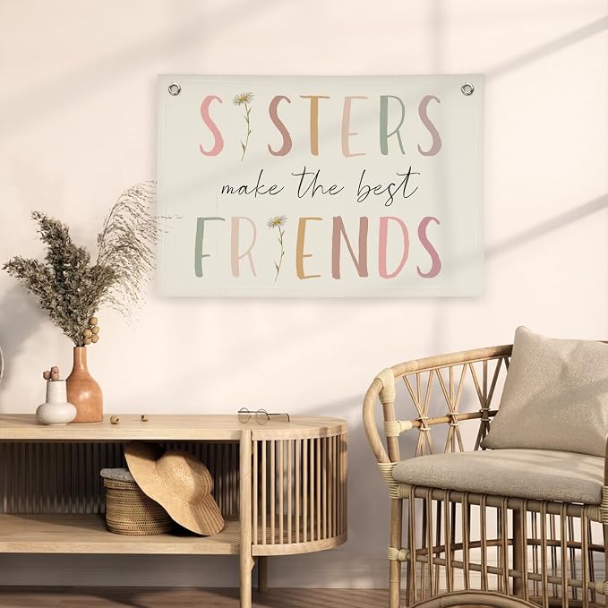 Girls Room Decor, Sisters Make The Best Friends Wildflower Wall Decor Banner Flag for Sisters Room Decoration，Boho Nursery Decor Baby Girls Toddler Kids Bedroom 30x20,girlroom
