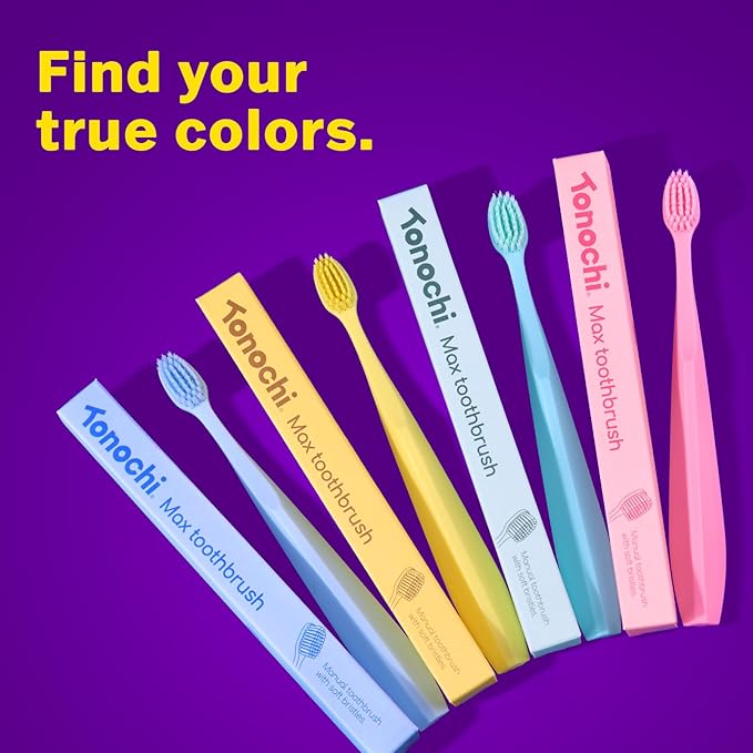 Tonochi Max Extra-Soft Toothbrush for Adults Sensitive Gums – Gentle Bristles, Wide Angled Head for Back Teeth, Ergonomic Non-Slip Grip, BPA-Free Handle, Individually Wrapped,4-Pack (Assorted)