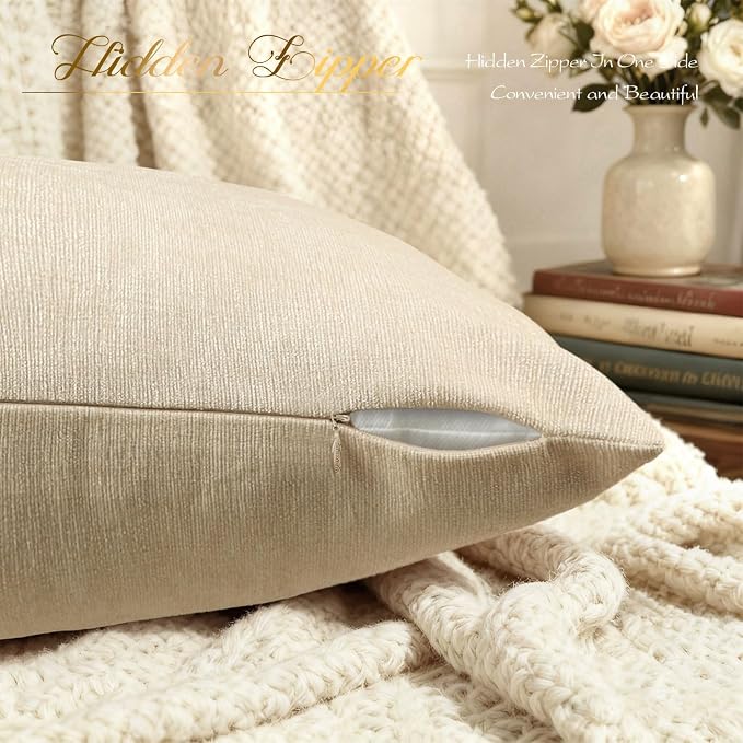 BRAWARM Throw Pillow Covers 18x18 Inches - Cream Chenille Pillow Covers Pack of 2, Solid Dyed Soft Chenille Pillow Cases for Couch Sofa Bed Home Decoration