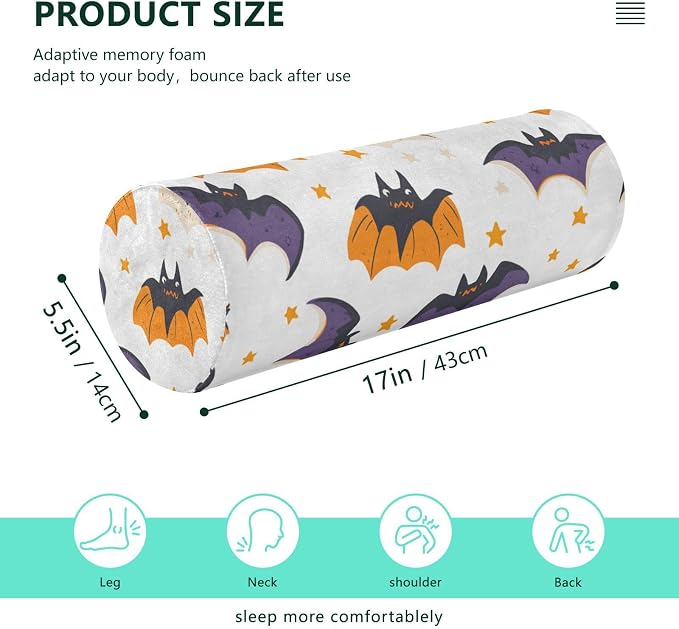 White Halloween Bats and Stars Neck Roll Pillow Bolster Round Health Memory Foam Long Cervical Cylinder Pillows with Removable Washable Cover for Body Bed Legs Back Yoga