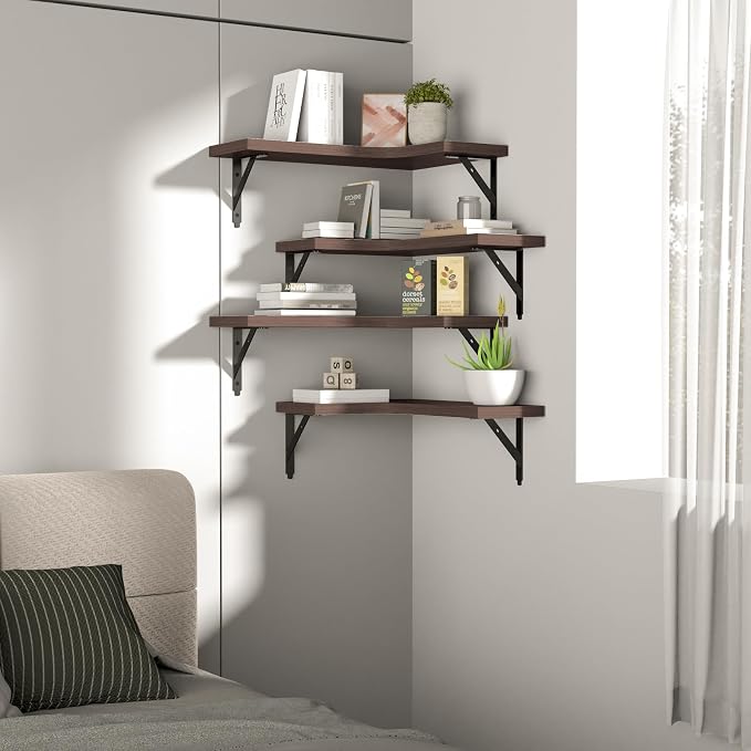 ROMGUAR CRAFT Corner Floating Shelves Wall Mounted Set of 4, Rustic Wood Storage Display Shelves for Home Decor, Bathroom, Kitchen, Bedroom, Living Room, Office (Brown)