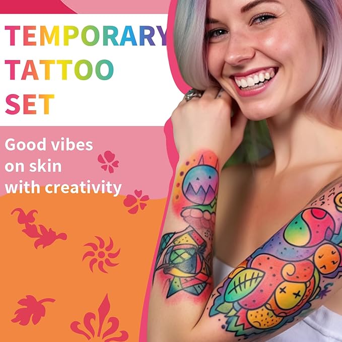 Temporary Tattoo Markers for Skin, 15 Colors Tattoo Pen + 50 Paint Stencils + 43 Tattoos Stickers, Glitter & Matte & Neon Glow Body Marker Set, Removable Fake Tattoos Kit for Teens and Adult