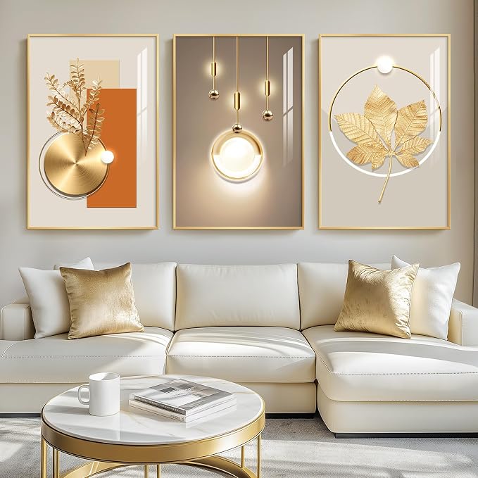 Framed Modern Luxury Gold Large Wall Art for Living Room, 3 Piece 24x36 In | Soild golden framed prints, Crystal coating wall paintings, Big geometric wall art for bedroom dining room hallway