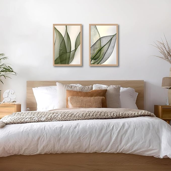Green Leaf Wall Art Set of 2, Boho Botanical Framed Canvas Prints | Minimalist Botanical Plant Prints, for Living Room Bedroom Office 12x16 Inch