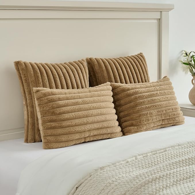 FUTEI Pack of 2 Faux Fur Throw Pillow Covers 26x26 Inch, Camel | Fluffy Faux Rabbit Fur Front/Premium Velvet Back,Hidden Zipper,Machine Washable,Non-Shedding,Colorfast,Insert Not Included.