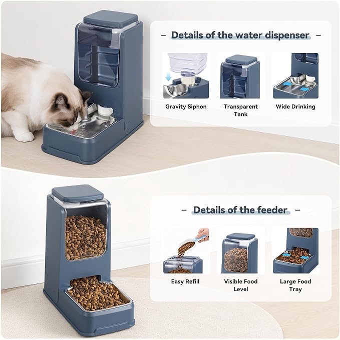 2 Pack Automatic Cat Feeder Stainless Steel Gravity Food and Water Dispenser for Small Medium Kitten Puppy Pets (Blue)