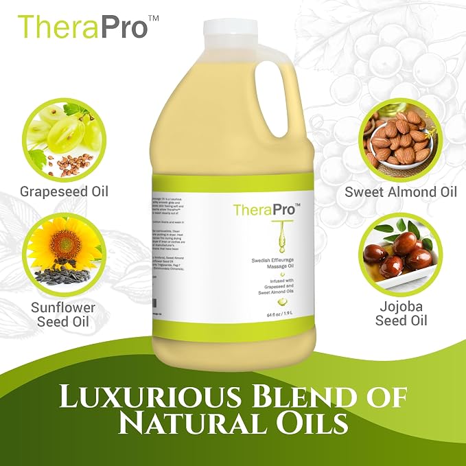 Swedish Effleurage by TheraPro - 1/2 Gallon - All Natural Unscented Massage Oil for Massage Therapy - Grapeseed Oil, Almond Oil, Jojoba, Vitamin E - Water Soluble Professional
