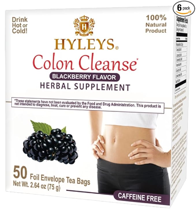HYLEYS Colon Cleanse Tea, Blackberry Flavor - 300 Individually Wrapped Tea Bags (6 Pack of 50) - Caffeine Free, Gluten Free - Herbal Supplement