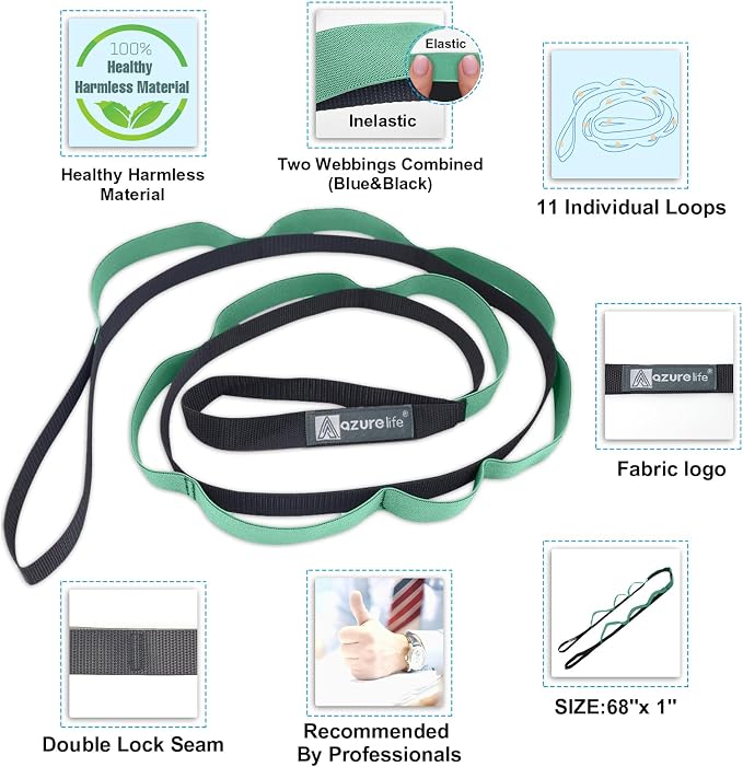 A AZURELIFE Half-Elastic Stretch Straps with 11 Loops, Stretching Strap for Physical Therapy, Multi-Loop Yoga Strap Fitness Exercise Strap for Yoga, Pilates, Dance, Flexibility&Exercise