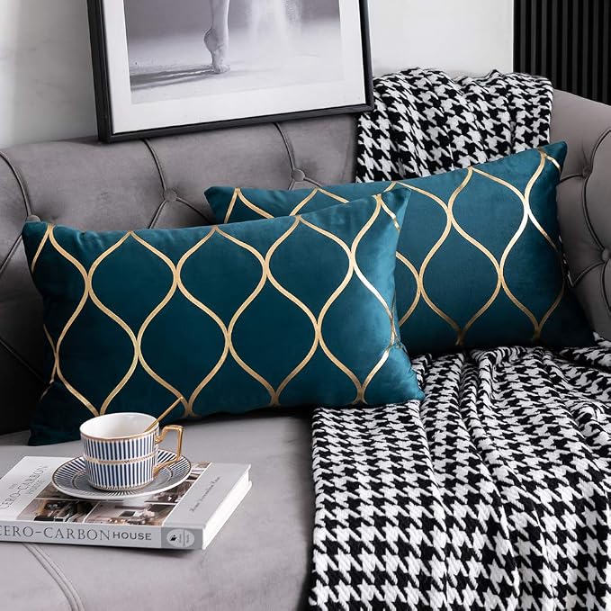 12x20 Inch Gold Velvet Throw Pillow Covers: 2 Pack Rectangular Decorative Pillow Cases for Bedroom Sofa Couch Living Room, Teal Christmas