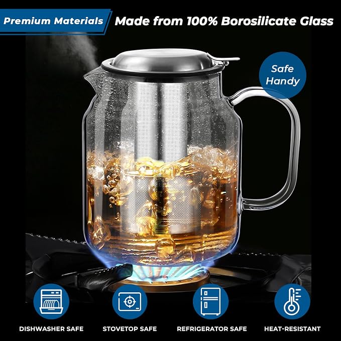 Aquach 68oz Glass Teapot with Infuser, Stovetop Safe Borosilicate Tea Pot | Dishwasher Safe, Plastic-free, Serves 3-5 People, Precise Loose Leaf Filter, Easy-clean