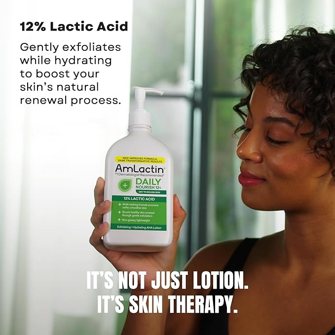 AmLactin Daily Nourish - Therapeutic Body Lotion for Dry Skin - No-Scrub Exfoliator and Moisturizer with 12% Lactic Acid AHA, 7.9 oz (Packaging May Vary)