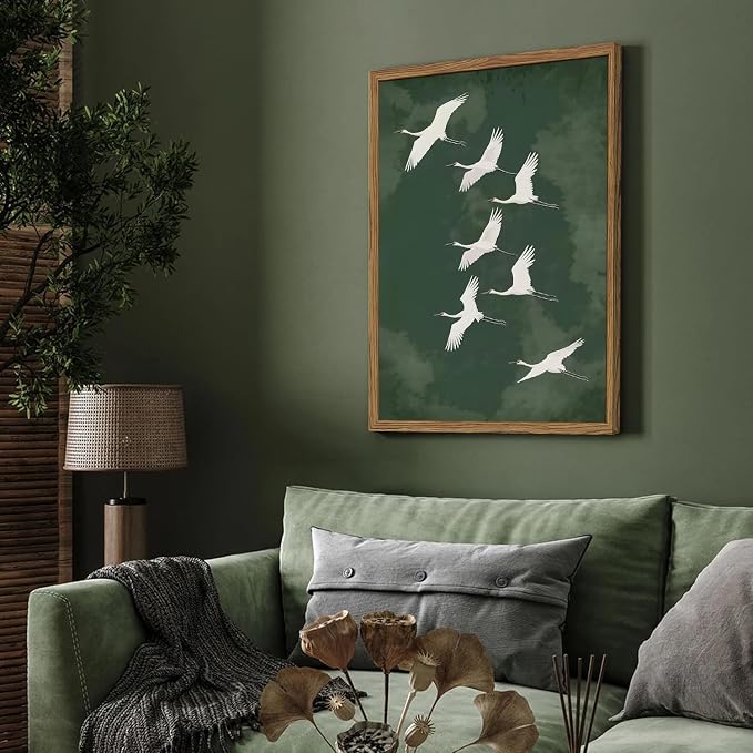 Framed Japanese Flying Cranes Wall Art, Vintage Bird Pictures Wall Decor Paintings, Rustic Nature Animal Canvas Prints Minimalist Home Decor for Living Room Bedroom Office Zen 12x16 inch