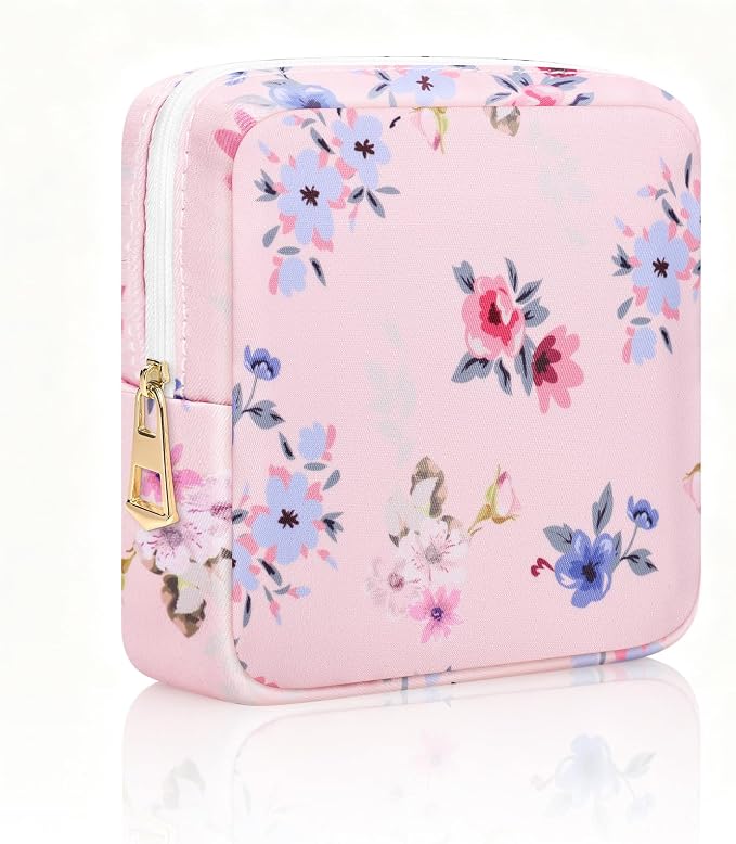 Canvas Period Pouch Discreet Sanitary Napkin Storage Bag Pad Bags | Menstrual Cup & Pad Holder, First Period Kit Storage, Feminine Bag for Women, Portable, Flower Print