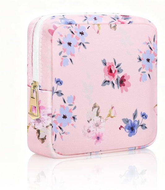 Canvas Period Pouch Discreet Sanitary Napkin Storage Bag Pad Bags | Menstrual Cup & Pad Holder, First Period Kit Storage, Feminine Bag for Women, Portable, Flower Print