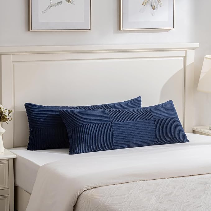 Fancy Homi Set of 1 Navy Blue Boho Long Lumbar Body Decorative Throw Pillow Cover 21x54 Inch for Bed Couch Bedroom Bench, Soft Patchwork Corduroy Textured Pillow Case, Rustic Farmhouse Room Decor