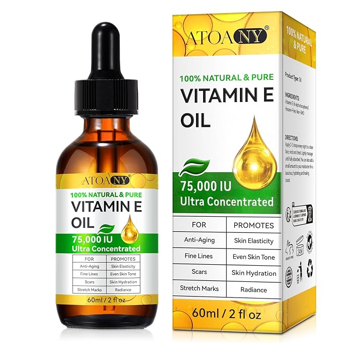 Pure Vitamin E Oil for Skin Scars Face Body Hair, 75,000 IU, 100% Natural Vit E Oil for Moisturizing Winkles Dry Skin Blend Body Bath Stretch Marks 2Fl Oz