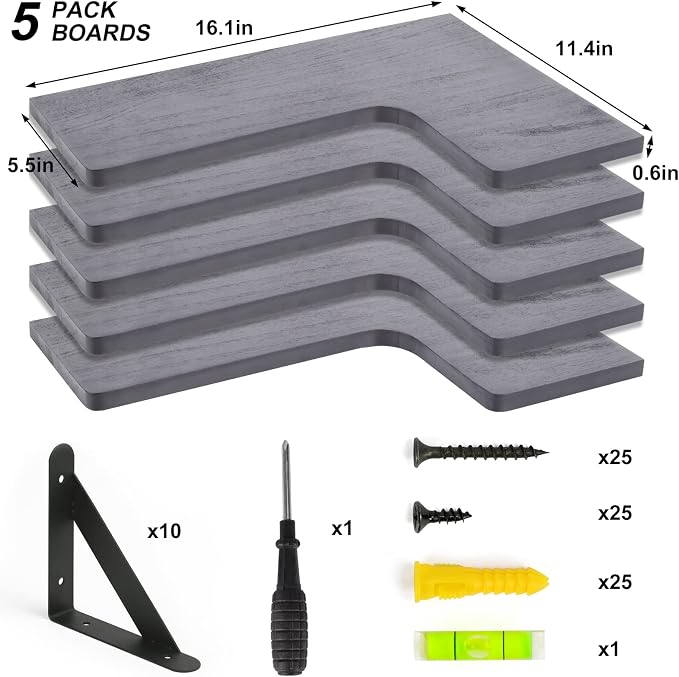 Fixwal Corner Floating Shelves Set of 5, Rustic Wood Wall Mounted Corner Shelf for Bathroom, Kitchen, Bedroom, Home Decor, Laundry Room, Living Room(Gray) | Solid wood shelf with metal brackets, holds 40 lbs. Optimizes corner storage. Fits bathroom, ki...