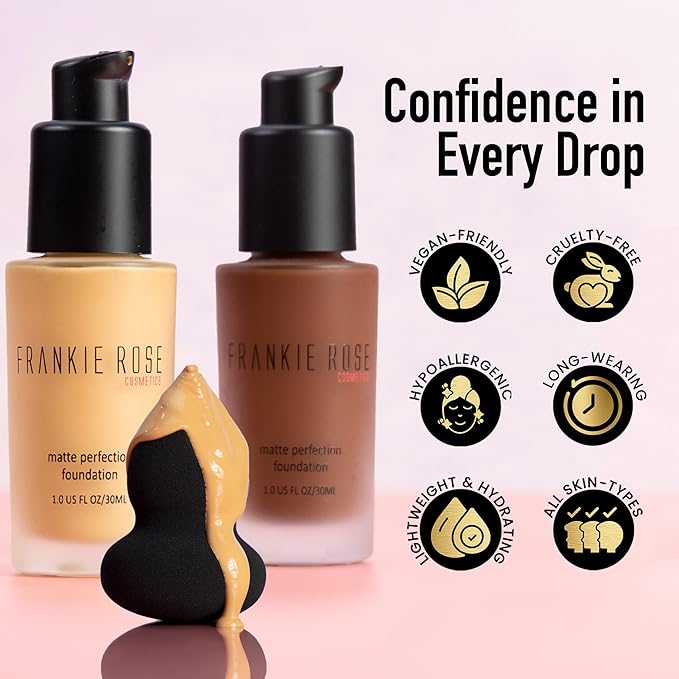 Frankie Rose Cosmetics Matte Perfection Foundation Makeup – Long-Lasting, Hydrating Foundation for Semi-Matte Finish - Full Coverage for All Skin Types - (Olive) 1.0 US fl oz / 30 ml
