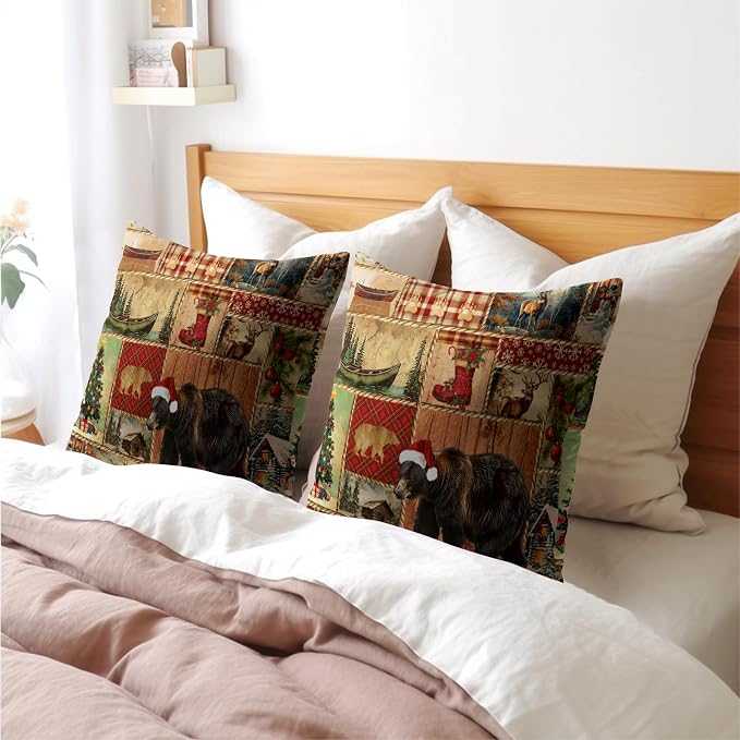 Kawani Christmas Bear Throw Pillow Covers 20x20 Inch - Set of 2 Xmas Log Cabin Wildlife Winter Cotton Linen Square Pillowcase Cushion Cover for Patio Couch Sofa Bedroom Living Room Decor