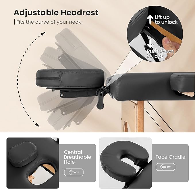 Giantex Massage Table, Portable Massage Bed w/Carrying Case, 2-Section Salon Spa Facial Care Tattoo Bed, Height Adjustable, Wood Frame, Professional Massage Lash Bed for Eyelash Extension (Black)