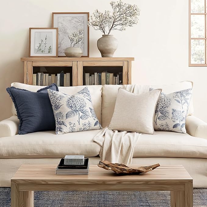 Set of 2 Decorative Floral Pillow Covers 20x20 Inch Light Blue | Neutral Hydrangea Print, Boho Vintage Throw Cushion Covers, Cottagecore Home Decor, for Sofa Couch Porch Bedroom Living Room