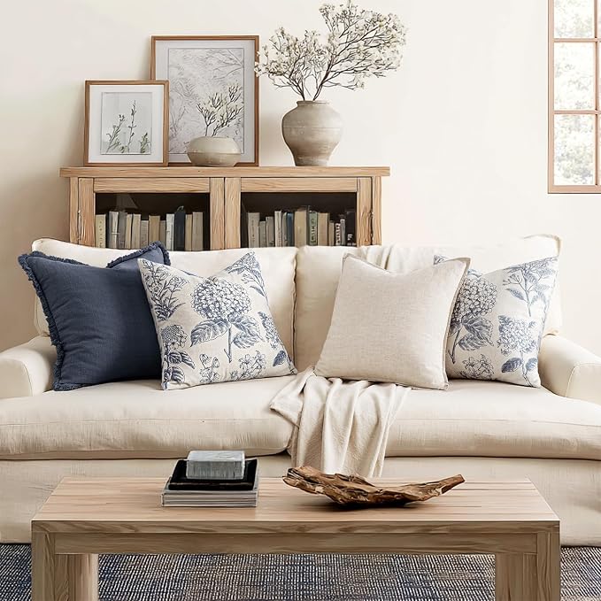 Set of 2 Decorative Floral Pillow Covers 16x16 Inch Light Blue | Neutral Hydrangea Print, Boho Vintage Throw Cushion Covers, Cottagecore Home Decor, for Sofa Couch Porch Bedroom Living Room