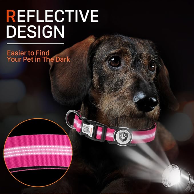 Waterproof AirTag Dog Collar with QR Code Dog Tag, Rose Red S | IP68 waterproof, QR code dog tag, Anti-Lost, Online profile, fits XS-L (8"-26"), Padded nylon, Reflective, No App, No Fees
