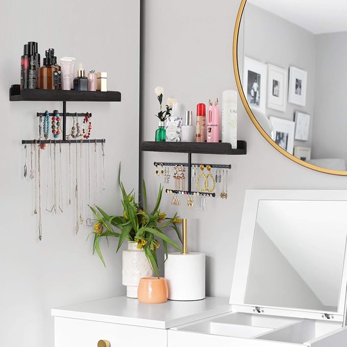 Keebofly Hanging Wall Mounted Jewelry Organizer with Rustic Wood Jewelry Holder Display for Necklaces Bracelet Earrings Ring Set of 2 Black,[Patented]