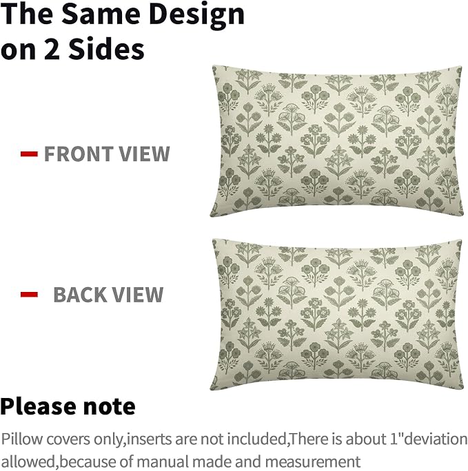 Sage Green Floral Pillow Covers 12x20 Inch Set of 2, Block Print Lumbar Flower Cream Decorative Throw Pillowcases Outdoor Farmhouse Rectangle Cushion Covers Spring Summer Sofa Couch Bed Decor