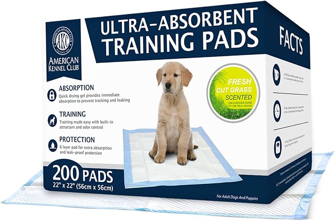AKC Puppy Training Pads, 22" x 22", Grass Scented, 200 Count | Scented dog pee pads help control odors with ultra absorbent quick-dry gel, leakproof layers and potty training protection.