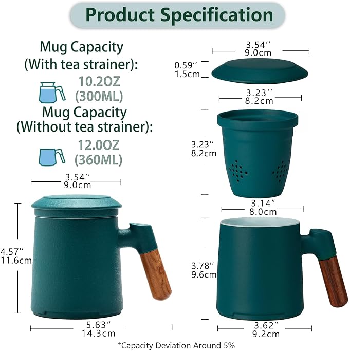 ZENS Tea Cup With Infuser and Lid, 12oz Green Mug for Loose Leaf Steeper, Wood Handle With Fine Strainers Hot Diffusers, Ceramic Mugs Accessories for Lovers Gifts
