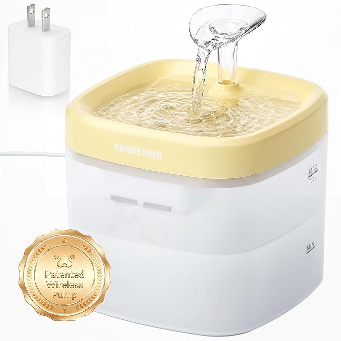 PAWGETHER® Cat Water Fountain with Wireless Pump 51oz/1.5L Dog Water Fountain, Ultra Quiet Automatic Pet Water Fountain Portable Indoor Ourdoor Travel Small Dog Water Dispenser with Adapter Yellow