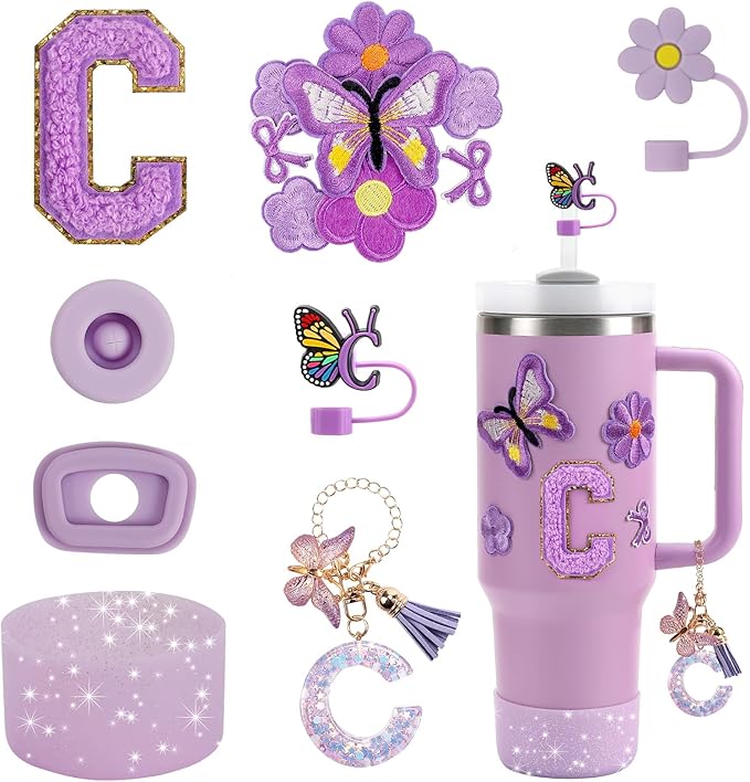15PCS Cup Accessories Set for Stanley Cup 30oz 40oz Tumbler with Handle, Including Silicone Straw Cover and Boot, Spill Proof Stopper, Stanley Charms, Handle Charm, Initials Sticker