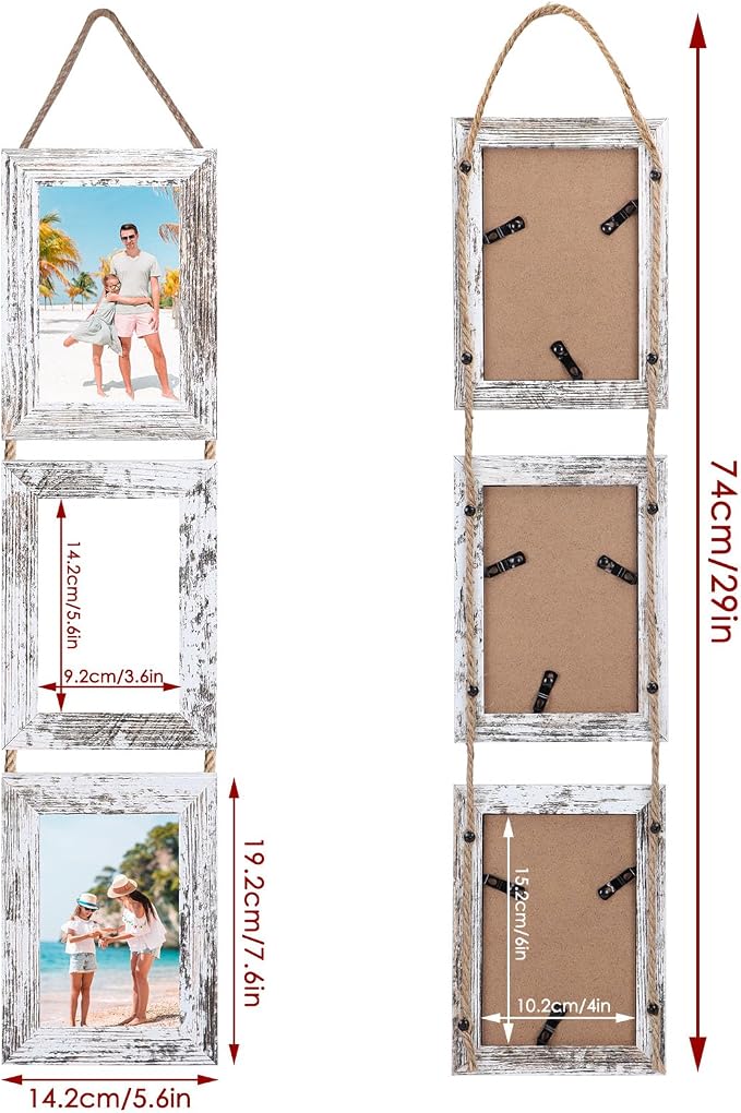 QUTREY 4x6 Picture Frames Collage, 3 Openings 4 x 6 Vertical Hanging Photo Frames Display 4 by 6 inch Pictures for Wall Decor, Distressed White