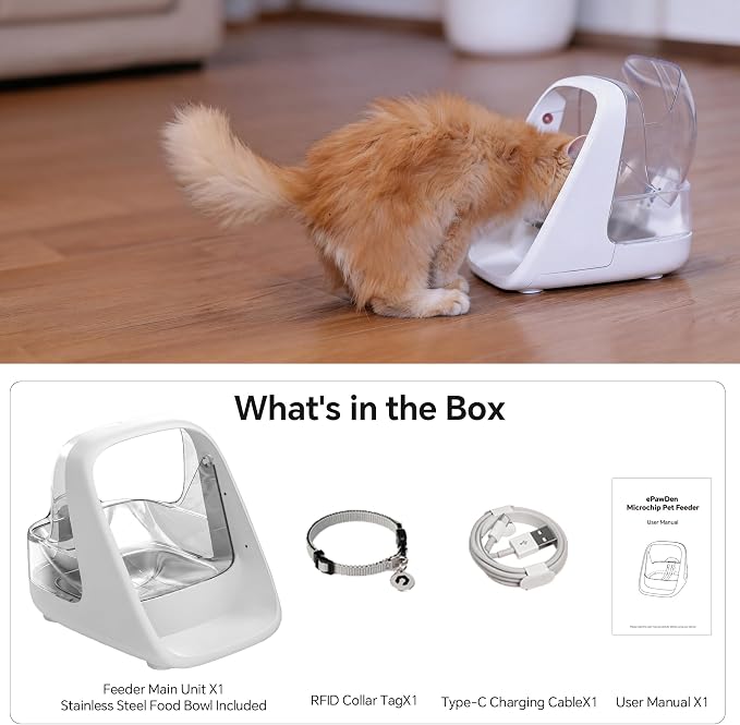Microchip Pet Feeder - Rechargeable Selective-Automatic Cat Feeder with RFID & Microchip Recognition - Stainless Steel Bowl - Prevents Food Stealing in Multi-Cat Homes - for Wet and Dry Food