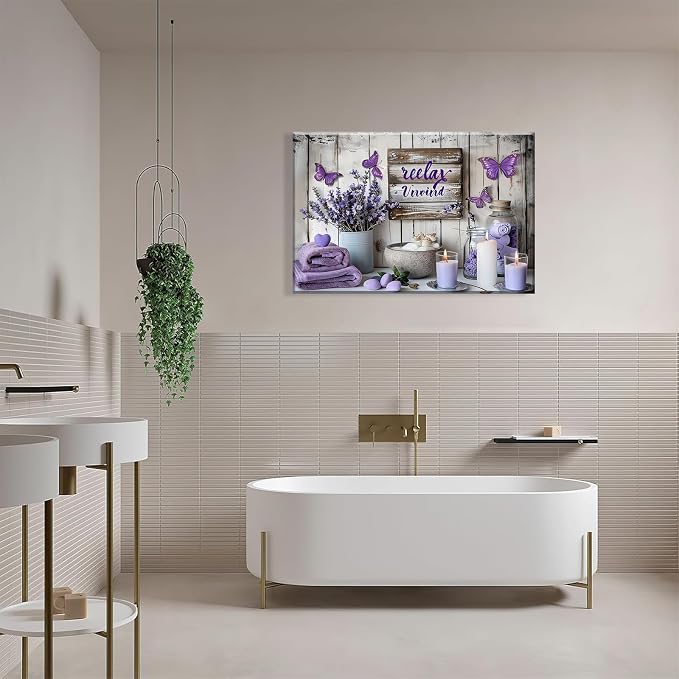 Purple Bathroom Canvas Wall Decor Relax Soak Canvas Wall Art Butterfly Floral Print Poster Artwrok Unwind Bathroom Washroom Painting Pictures 12x16 In