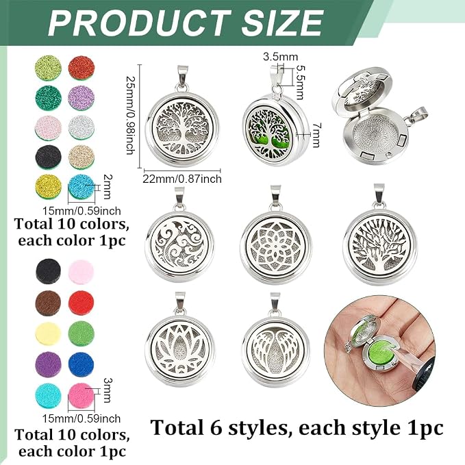 PH PandaHall 6 Styles Essential Oil Diffuser Pendants 6pcs Tree of Life Stainless Steel Pendants Aromatherapy Locket Jewelry Charms with 20pcs Refill Pad for Women Mom Gift Bracelet Necklace Making